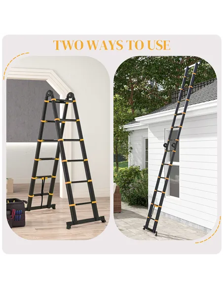 HOMCOM 3.8m Duo Aluminium Ladder w/ Tool Holder - Yellow