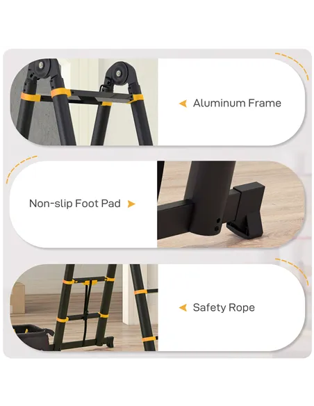 HOMCOM 3.8m Duo Aluminium Ladder w/ Tool Holder - Yellow