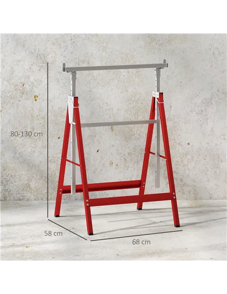 HOMCOM Set of 2 Adjustable Telescopic Builders Trestle, DIY Steel Work Bench Carpenter, Folding Saw Horse Tools Red
