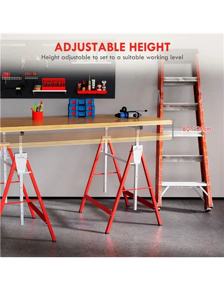 HOMCOM Set of 2 Adjustable Telescopic Builders Trestle, DIY Steel Work Bench Carpenter, Folding Saw Horse Tools Red