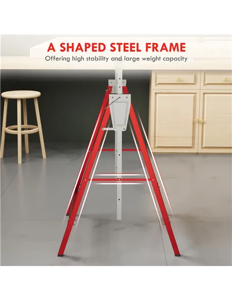 HOMCOM Set of 2 Adjustable Telescopic Builders Trestle, DIY Steel Work Bench Carpenter, Folding Saw Horse Tools Red