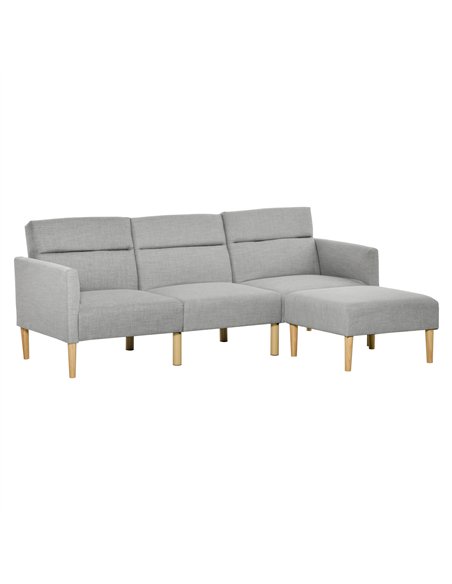 HOMCOM L Shape Sofa Bed Set, Linen Fabric Corner Sofa Bed with Rubber Wood Legs and Footstool, Light Grey