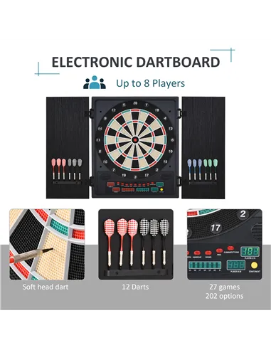HOMCOM Electronic Dartboard Set, 27 Games Modes and 202 Variations, LED & 12 Soft Tip Darts and Cabinet to Storage, Ready-to-Pla