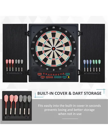 HOMCOM Electronic Dartboard Set, 27 Games Modes and 202 Variations, LED & 12 Soft Tip Darts and Cabinet to Storage, Ready-to-Pla