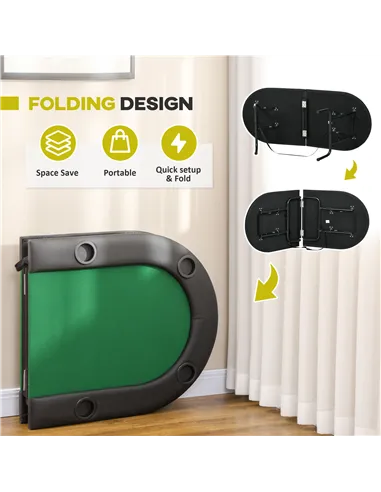 HOMCOM 8 Player Folding Poker Table, Oval Portable Blackjack Casino Table with Cup Holder, Felt Top and Metal Base, 183 x 82 x 7