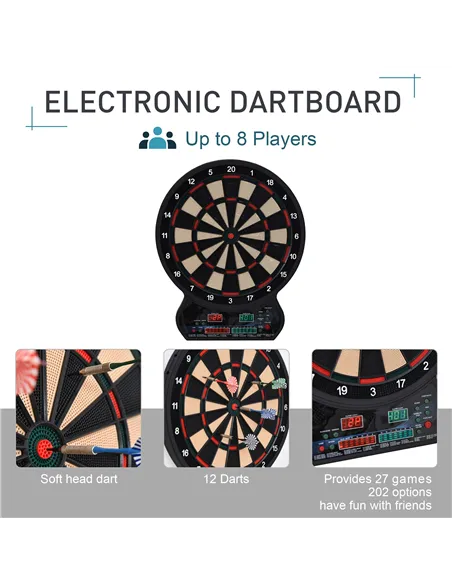 HOMCOM Electronic Hanging Dartboard LED Digital Score Set 27 Games and 202 Variations with 12 Soft Tip Darts
