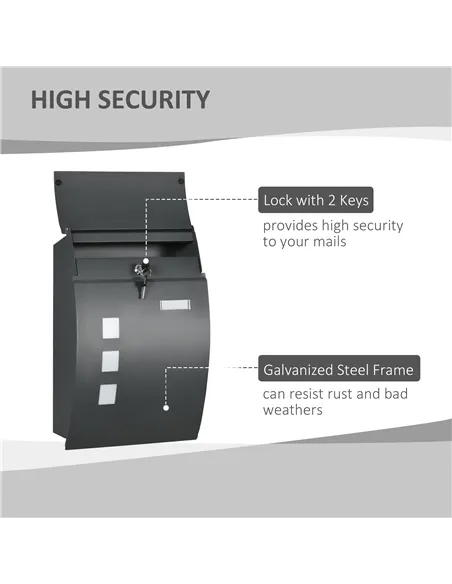 HOMCOM Wall Mounted Letter Box, Weatherproof Post Box for Outside Wall, Modern Mailbox with 2 Keys and Nameplate, Anthracite Gre