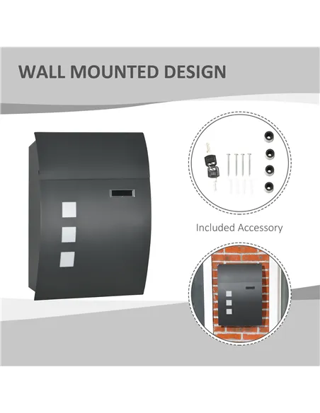 HOMCOM Wall Mounted Letter Box, Weatherproof Post Box for Outside Wall, Modern Mailbox with 2 Keys and Nameplate, Anthracite Gre
