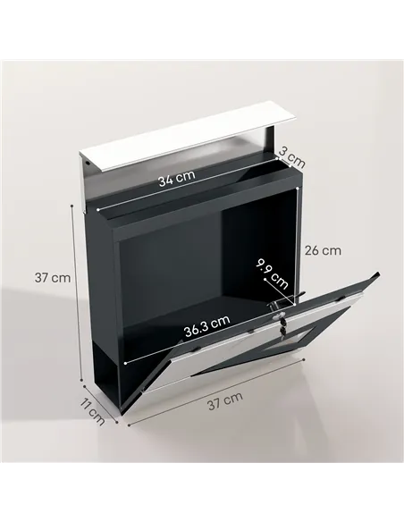 HOMCOM Wall Mounted Post Box with Viewing Window, 2 Lock, Modern Galvanised Steel Mailbox with Copper Core, Weatherproof Letterb