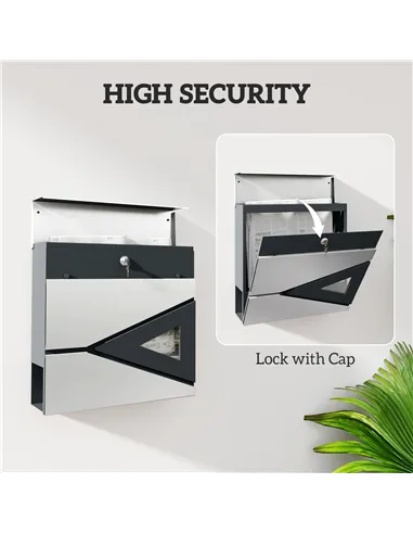 HOMCOM Wall Mounted Post Box with Viewing Window, 2 Lock, Modern Galvanised Steel Mailbox with Copper Core, Weatherproof Letterb