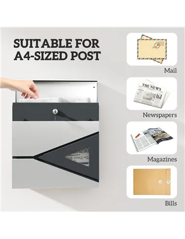 HOMCOM Wall Mounted Post Box with Viewing Window, 2 Lock, Modern Galvanised Steel Mailbox with Copper Core, Weatherproof Letterb