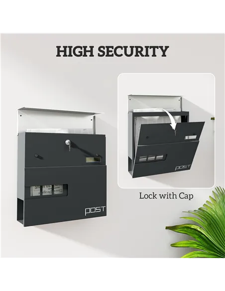 HOMCOM Locking Galvanised Steel Letterbox - Charcoal Grey/Black