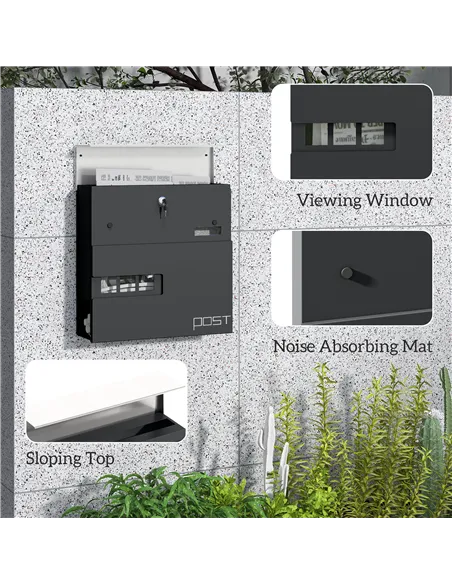 HOMCOM Locking Galvanised Steel Letterbox - Charcoal Grey/Black