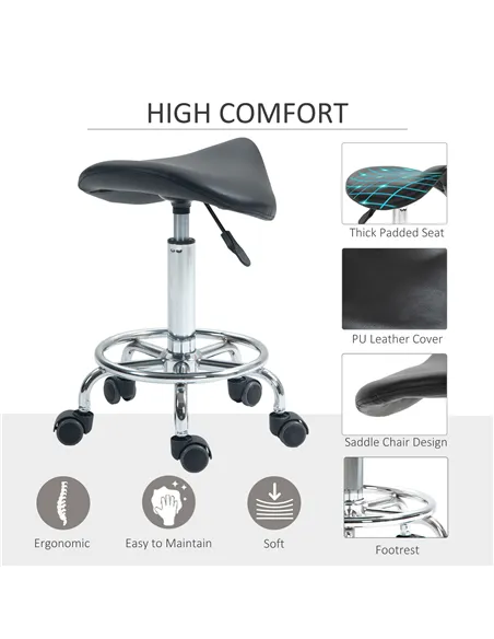 HOMCOM Salon Saddle Stool, Rolling Saddle Chair for Massage, Spa, Clinic, Beauty, Hairdressing and Tattoo, Black