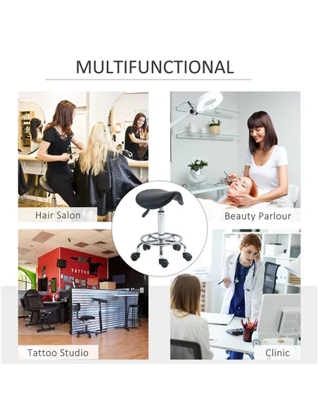 HOMCOM Salon Saddle Stool, Rolling Saddle Chair for Massage, Spa, Clinic, Beauty, Hairdressing and Tattoo, Black