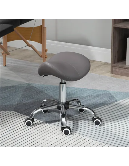 HOMCOM Cosmetic Stool 360° Rotate Height Adjustable Salon Massage Spa Chair Hydraulic Rolling Faux Leather Saddle Stool, Grey