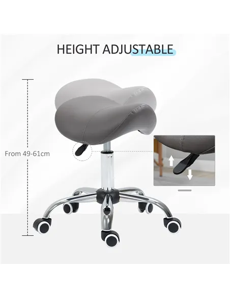HOMCOM Cosmetic Stool 360° Rotate Height Adjustable Salon Massage Spa Chair Hydraulic Rolling Faux Leather Saddle Stool, Grey