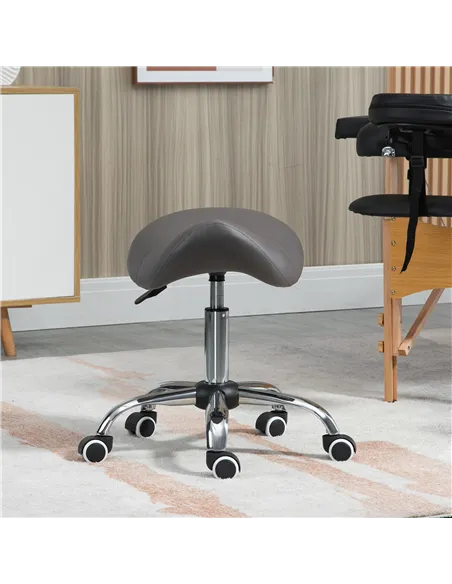HOMCOM Cosmetic Stool 360° Rotate Height Adjustable Salon Massage Spa Chair Hydraulic Rolling Faux Leather Saddle Stool, Grey