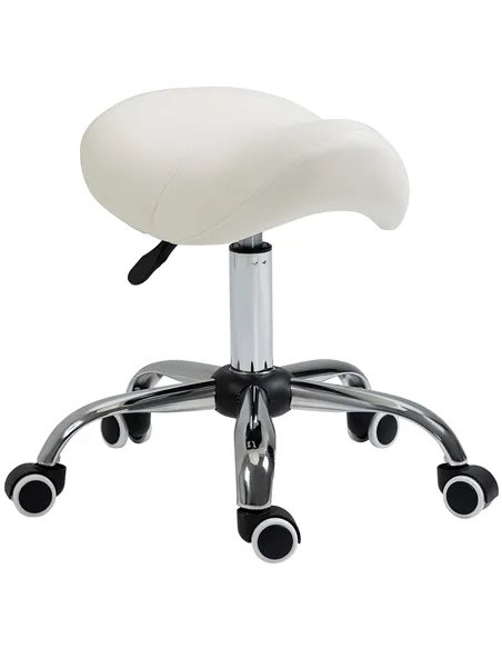 HOMCOM Cosmetic Stool 360° Rotate Height Adjustable Salon Massage Spa Chair Hydraulic Rolling Faux Leather Saddle Stool, Cream