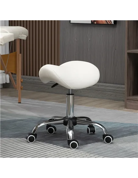 HOMCOM Cosmetic Stool 360° Rotate Height Adjustable Salon Massage Spa Chair Hydraulic Rolling Faux Leather Saddle Stool, Cream