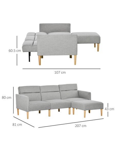 HOMCOM L Shape Sofa Bed Set, Linen Fabric Corner Sofa Bed with Rubber Wood Legs and Footstool, Light Grey