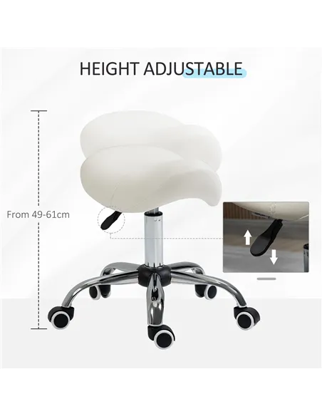 HOMCOM Cosmetic Stool 360° Rotate Height Adjustable Salon Massage Spa Chair Hydraulic Rolling Faux Leather Saddle Stool, Cream