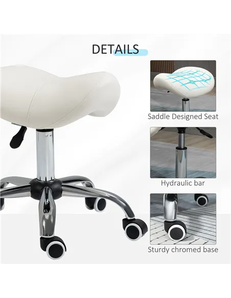 HOMCOM Cosmetic Stool 360° Rotate Height Adjustable Salon Massage Spa Chair Hydraulic Rolling Faux Leather Saddle Stool, Cream