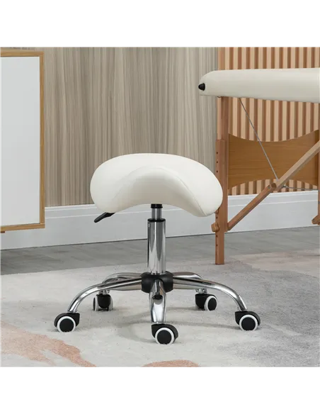 HOMCOM Cosmetic Stool 360° Rotate Height Adjustable Salon Massage Spa Chair Hydraulic Rolling Faux Leather Saddle Stool, Cream