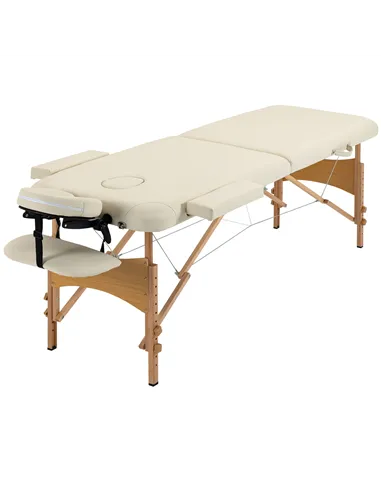 HOMCOM Portable Massage Bed, Folding Spa Beauty Massage Table with 2 Sections, Carry Bag and Wooden Frame, Cream