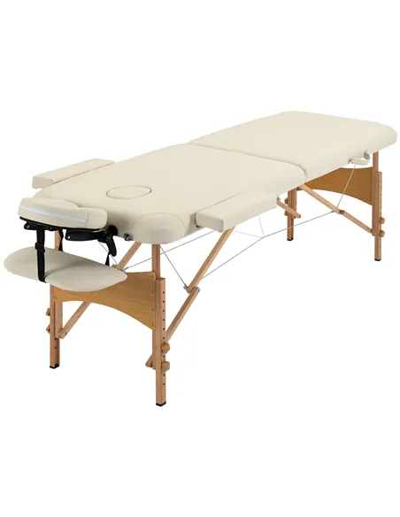 HOMCOM Portable Massage Bed, Folding Spa Beauty Massage Table with 2 Sections, Carry Bag and Wooden Frame, Cream
