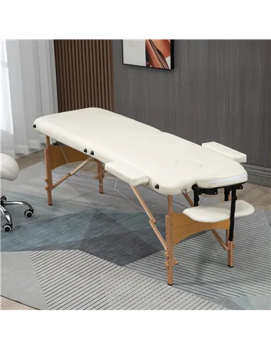 HOMCOM Portable Massage Bed, Folding Spa Beauty Massage Table with 2 Sections, Carry Bag and Wooden Frame, Cream
