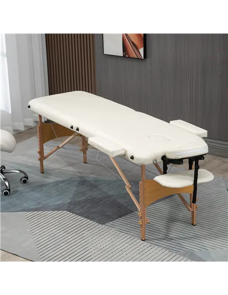 HOMCOM Portable Massage Bed, Folding Spa Beauty Massage Table with 2 Sections, Carry Bag and Wooden Frame, Cream