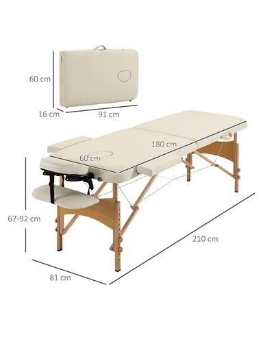 HOMCOM Portable Massage Bed, Folding Spa Beauty Massage Table with 2 Sections, Carry Bag and Wooden Frame, Cream