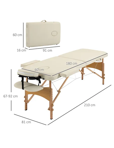 HOMCOM Portable Massage Bed, Folding Spa Beauty Massage Table with 2 Sections, Carry Bag and Wooden Frame, Cream