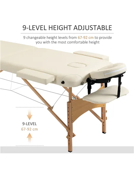 HOMCOM Portable Massage Bed, Folding Spa Beauty Massage Table with 2 Sections, Carry Bag and Wooden Frame, Cream
