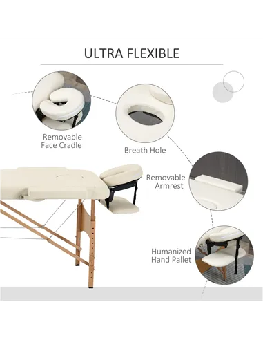 HOMCOM Portable Massage Bed, Folding Spa Beauty Massage Table with 2 Sections, Carry Bag and Wooden Frame, Cream