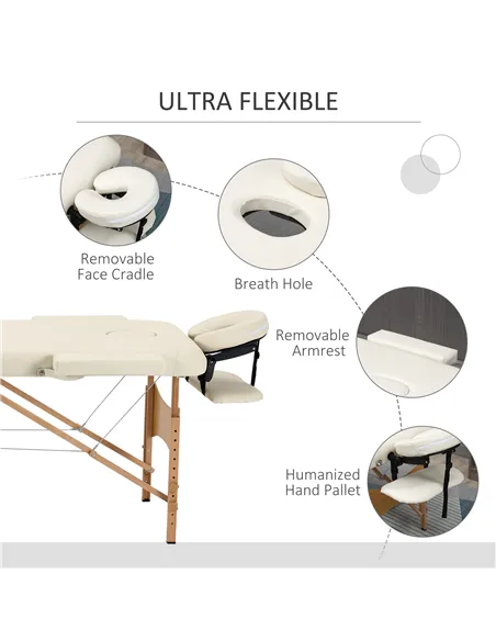 HOMCOM Portable Massage Bed, Folding Spa Beauty Massage Table with 2 Sections, Carry Bag and Wooden Frame, Cream