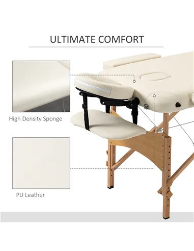 HOMCOM Portable Massage Bed, Folding Spa Beauty Massage Table with 2 Sections, Carry Bag and Wooden Frame, Cream