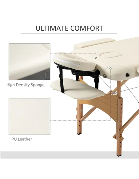 HOMCOM Portable Massage Bed, Folding Spa Beauty Massage Table with 2 Sections, Carry Bag and Wooden Frame, Cream