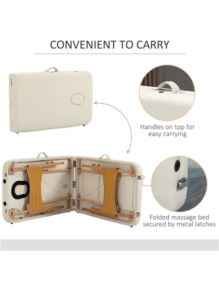 HOMCOM Portable Massage Bed, Folding Spa Beauty Massage Table with 2 Sections, Carry Bag and Wooden Frame, Cream