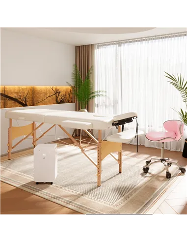 HOMCOM Portable Massage Bed, Folding Spa Beauty Massage Table with 2 Sections, Carry Bag and Wooden Frame, Cream