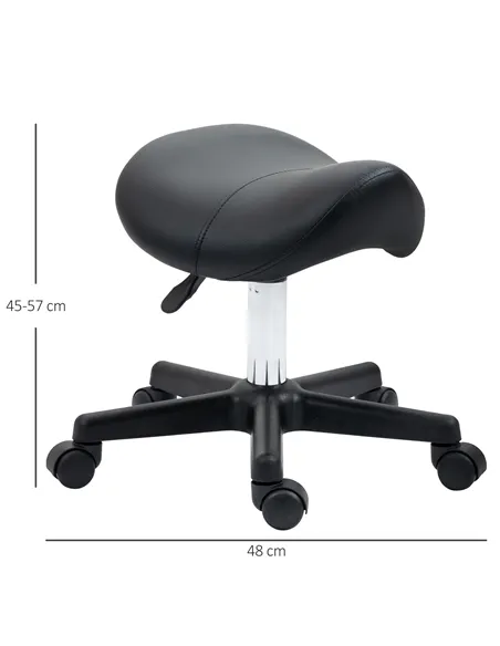 HOMCOM Saddle Stool, PU Leather Adjustable Rolling Salon Chair with Steel Frame for Massage, Spa, Beauty and Tattoo, Black