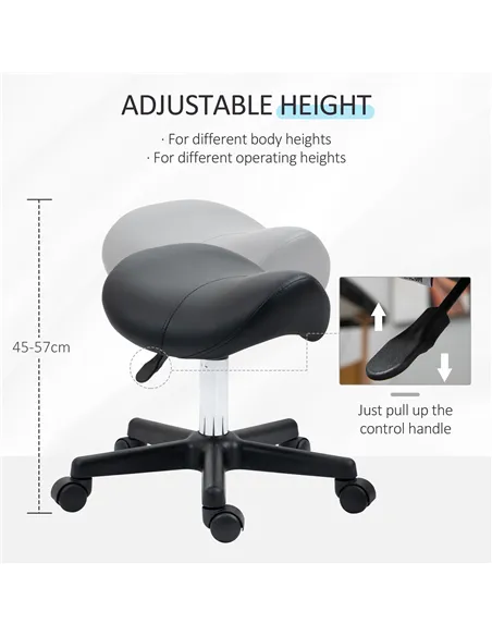HOMCOM Saddle Stool, PU Leather Adjustable Rolling Salon Chair with Steel Frame for Massage, Spa, Beauty and Tattoo, Black