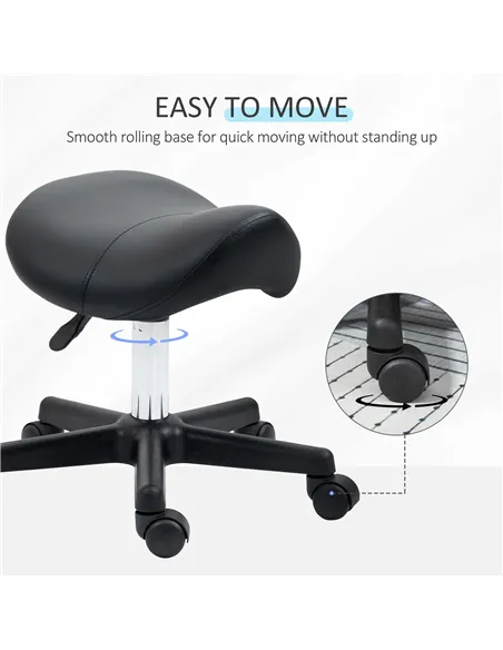 HOMCOM Saddle Stool, PU Leather Adjustable Rolling Salon Chair with Steel Frame for Massage, Spa, Beauty and Tattoo, Black