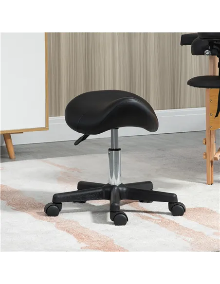 HOMCOM Saddle Stool, PU Leather Adjustable Rolling Salon Chair with Steel Frame for Massage, Spa, Beauty and Tattoo, Black