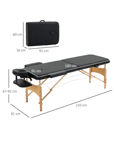 HOMCOM Portable Massage Bed, Folding Spa Beauty Massage Table with 2 Sections, Carry Bag and Wooden Frame, Black