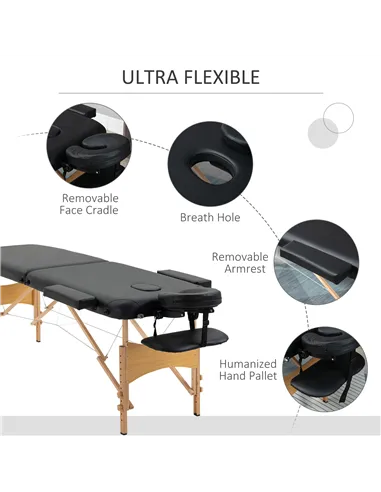 HOMCOM Portable Massage Bed, Folding Spa Beauty Massage Table with 2 Sections, Carry Bag and Wooden Frame, Black