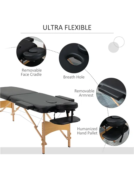 HOMCOM Portable Massage Bed, Folding Spa Beauty Massage Table with 2 Sections, Carry Bag and Wooden Frame, Black
