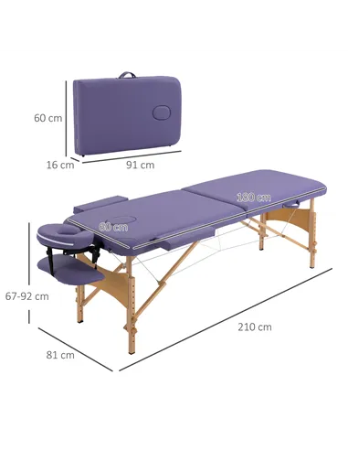 HOMCOM Portable Massage Bed, Folding Spa Beauty Massage Table with 2 Sections, Carry Bag and Wooden Frame, Purple