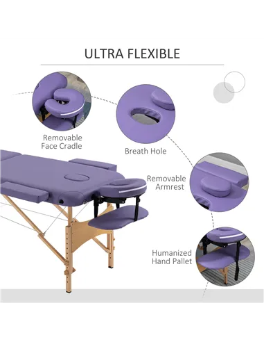 HOMCOM Portable Massage Bed, Folding Spa Beauty Massage Table with 2 Sections, Carry Bag and Wooden Frame, Purple